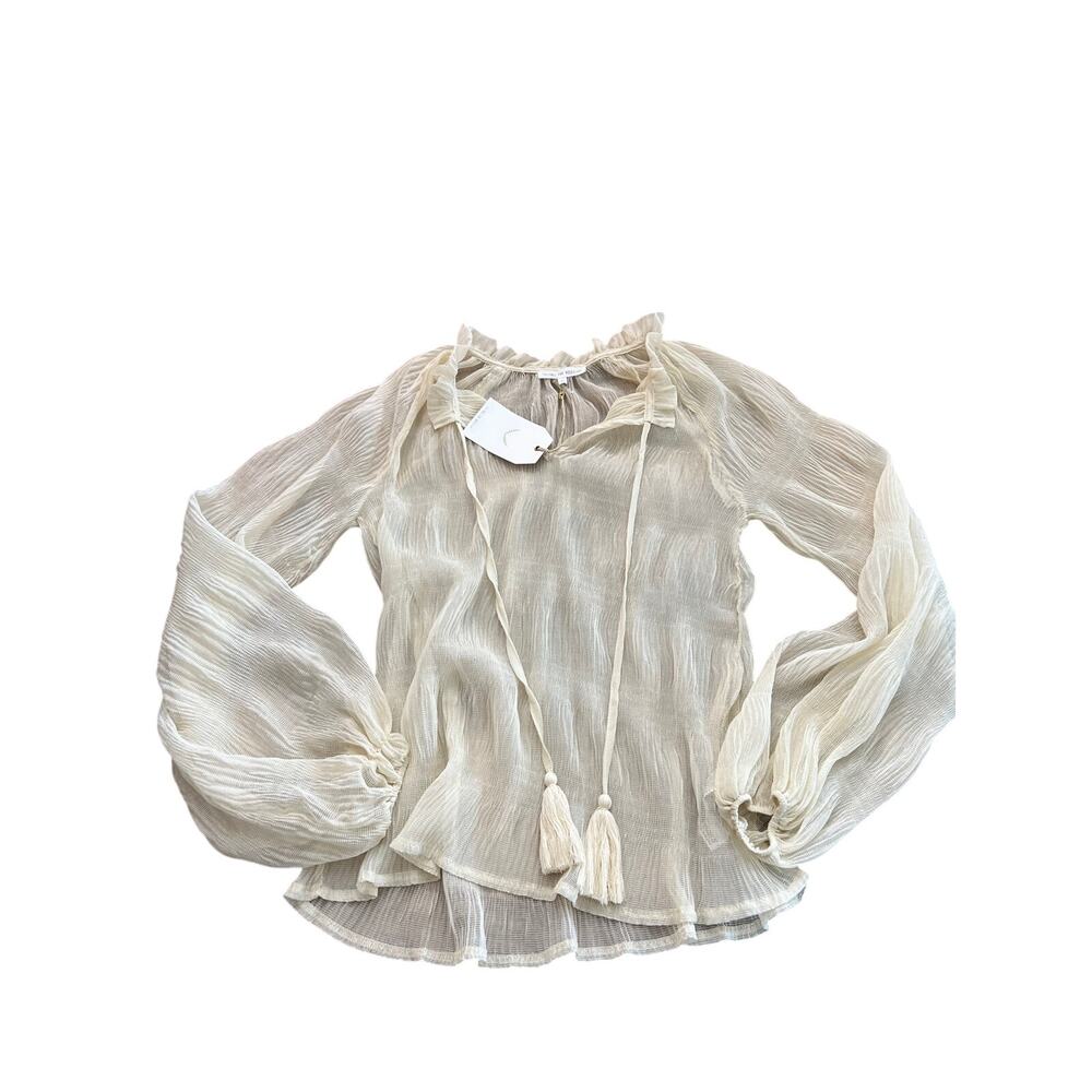 Free The Roses Blouse Size XS Cream Sheer Plisse Tassel Crinkled Balloon Sleeve